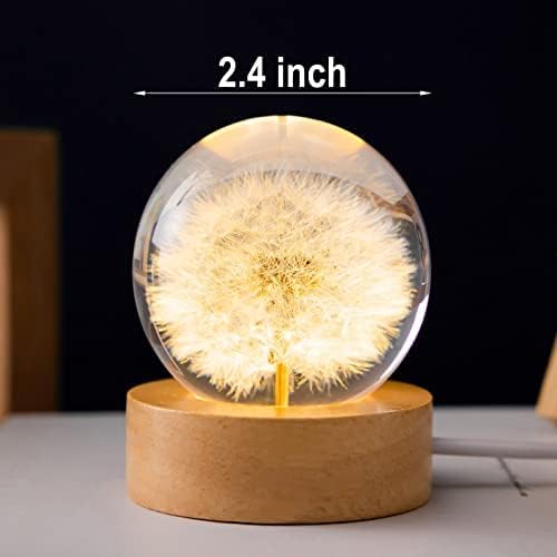 MARZIUS Flower Crystal Ball Night Light, 2.4 inch Glass Lamp with Wooden Base, Red Daisy, Model CB320