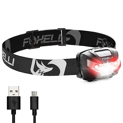Foxelli Rechargeable LED Headlamp - Super Bright, Lightweight for mature-themeds & Kids - Model FBA_MX10B - Black