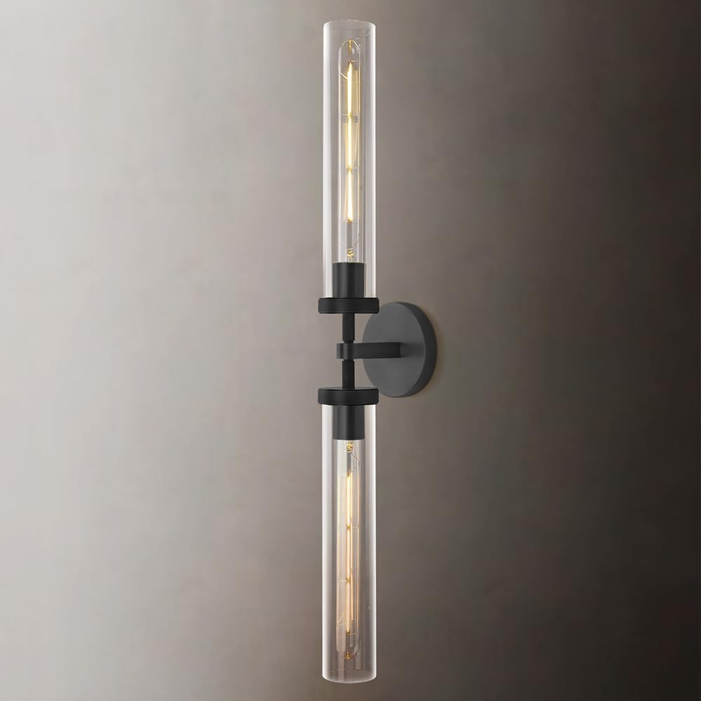 ZHTIECHUI Modern Wall Sconces, 30in Black Brass Double Glass Light Fixtures, 2-Light for Bathroom, Living Room, Kitchen