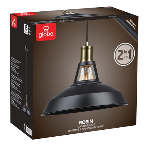 GLOBE Electric 65712 1-Light Pendant, Satin Black & Antique Brass, 15ft Cord