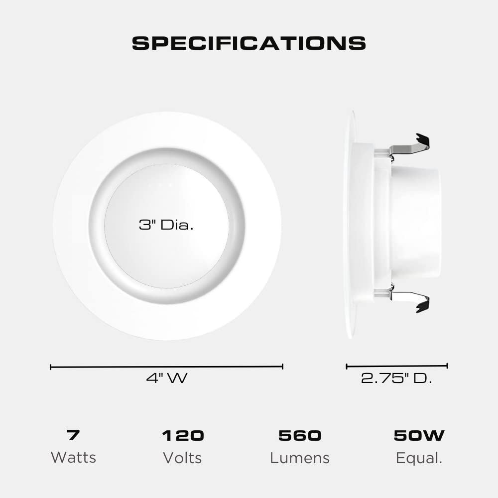 3-Inch LED Recessed Downlight, Dimmable, 7W=50W, 560 LM, E26 Base, CCT Color Temperature Selectable 2700K | 3000K | 3500K | 4000