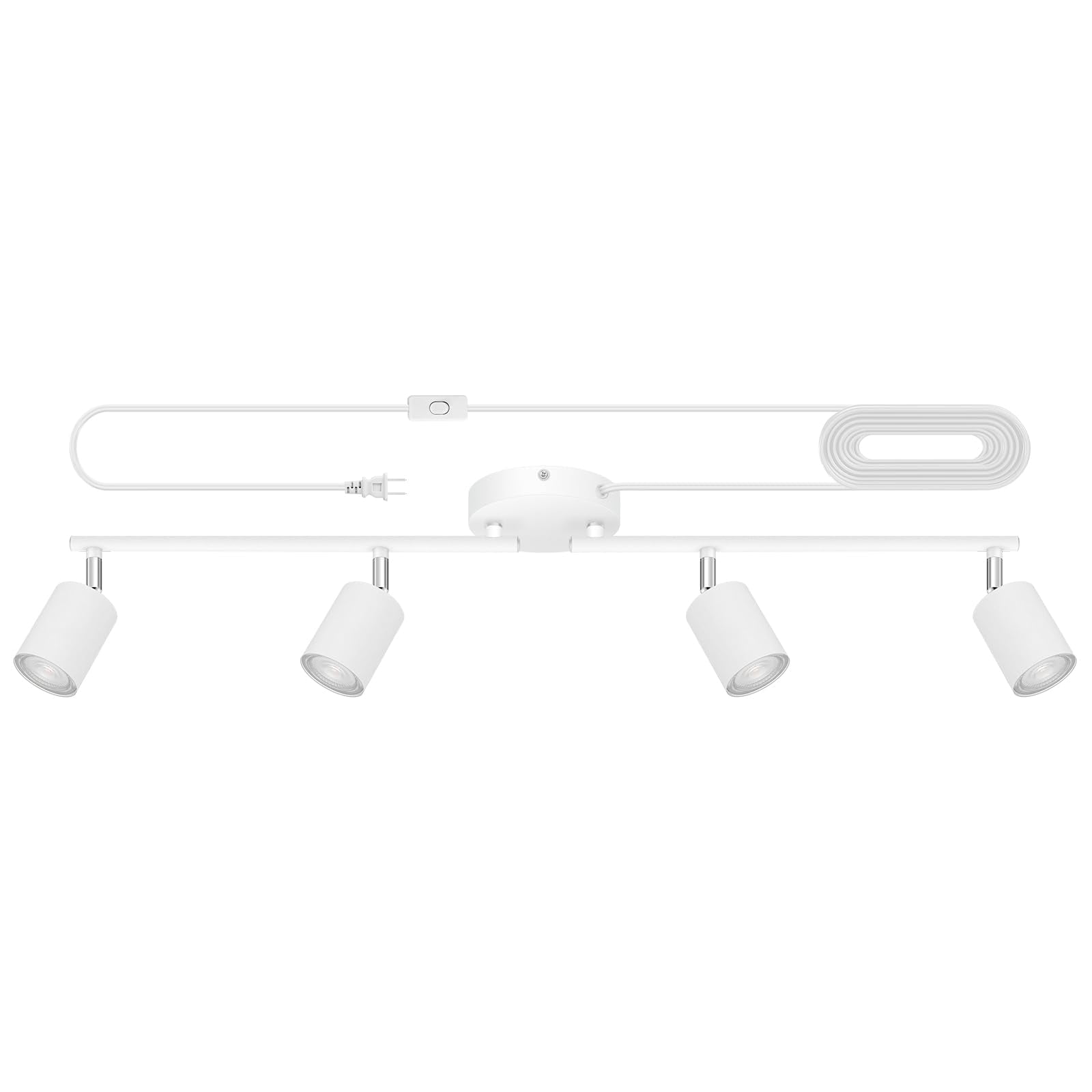 Bricosmocon 4-Light Track Lighting Kit, White Metal Ceiling Fixture, GU10 Socket, 14.8ft Power Cord, Rotatable Spotlights