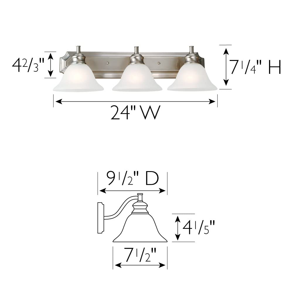 Design House 510263 Bristol Vanity Light Dimmable With Frosted Glass For Above Bathroom Mirror, 3, Satin Nickel