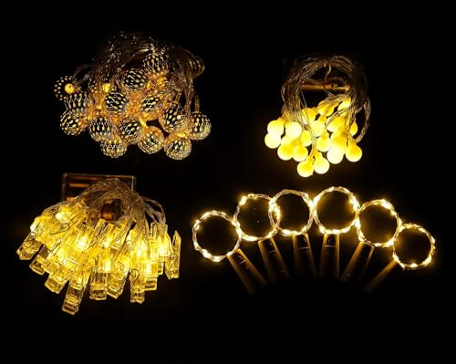 Lexton Lights Combo of White Bulb Light 1 Pcs | 1Pcs Golden Ball Light | 1Pcs Battery Powered Photoclip Light 20 Clips & 6 Pcs C