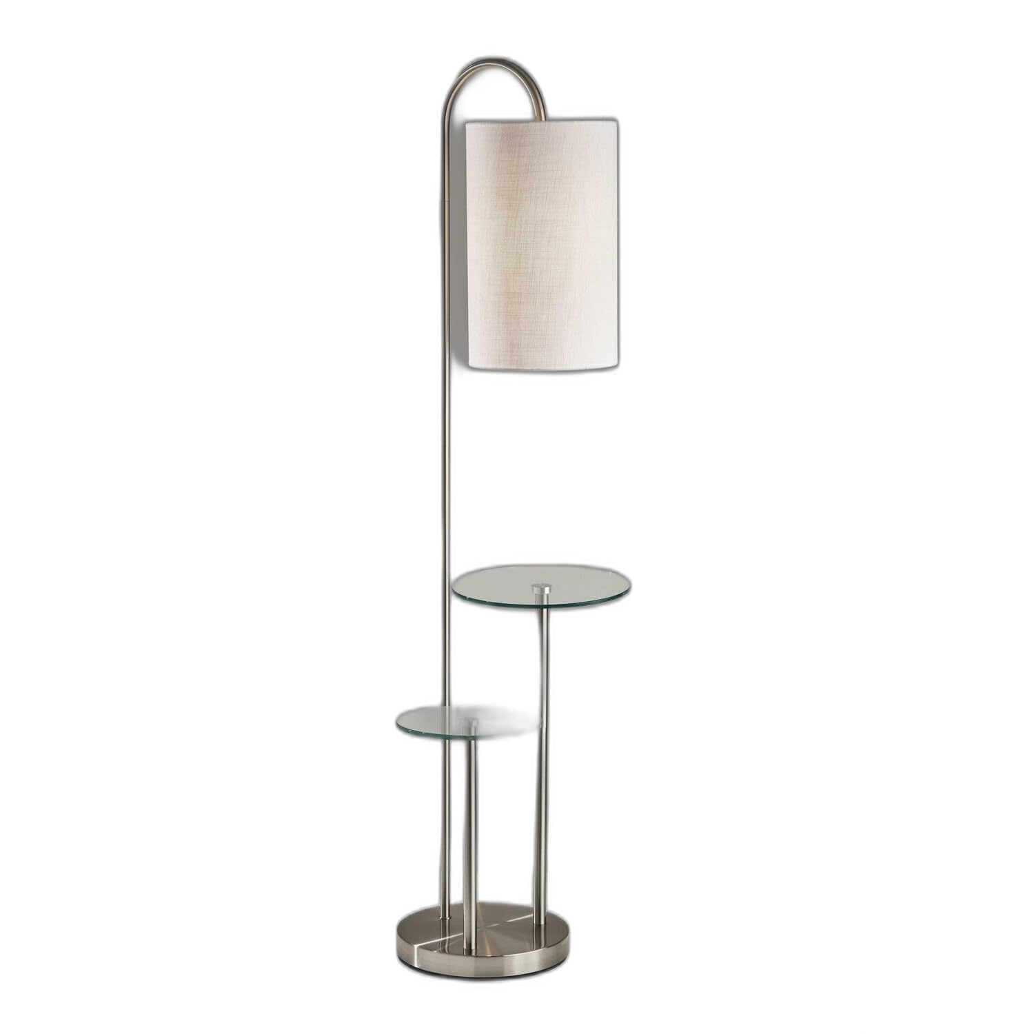 HomeRoots Tray Table Floor Lamp with White Drum Shade, Glass & Metal, Model HRF-372886