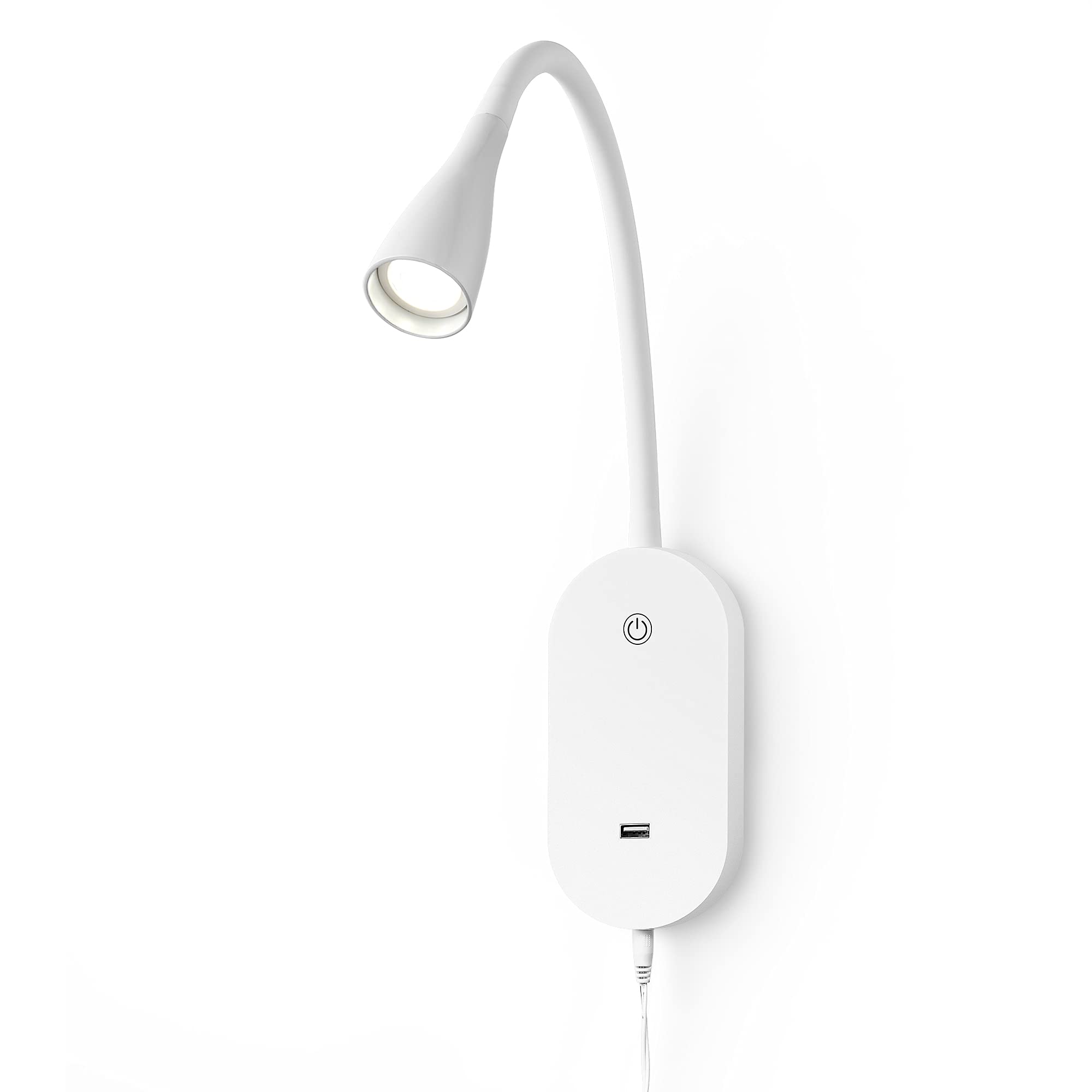 TOPMB Wall Mount Reading Light, USB Output, 5 Dimming Levels, Touch Control, Flexible Gooseneck, White, Model WD6103