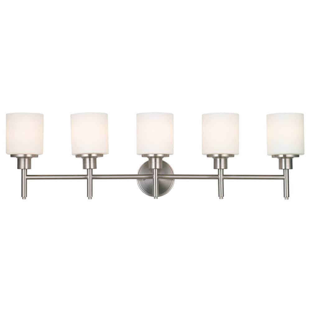 Design House Aubrey 5-Light Vanity Light, Satin Nickel Finish, Frosted Glass Shades, Dimmable, Bathroom Wall Fixture - Design Ho