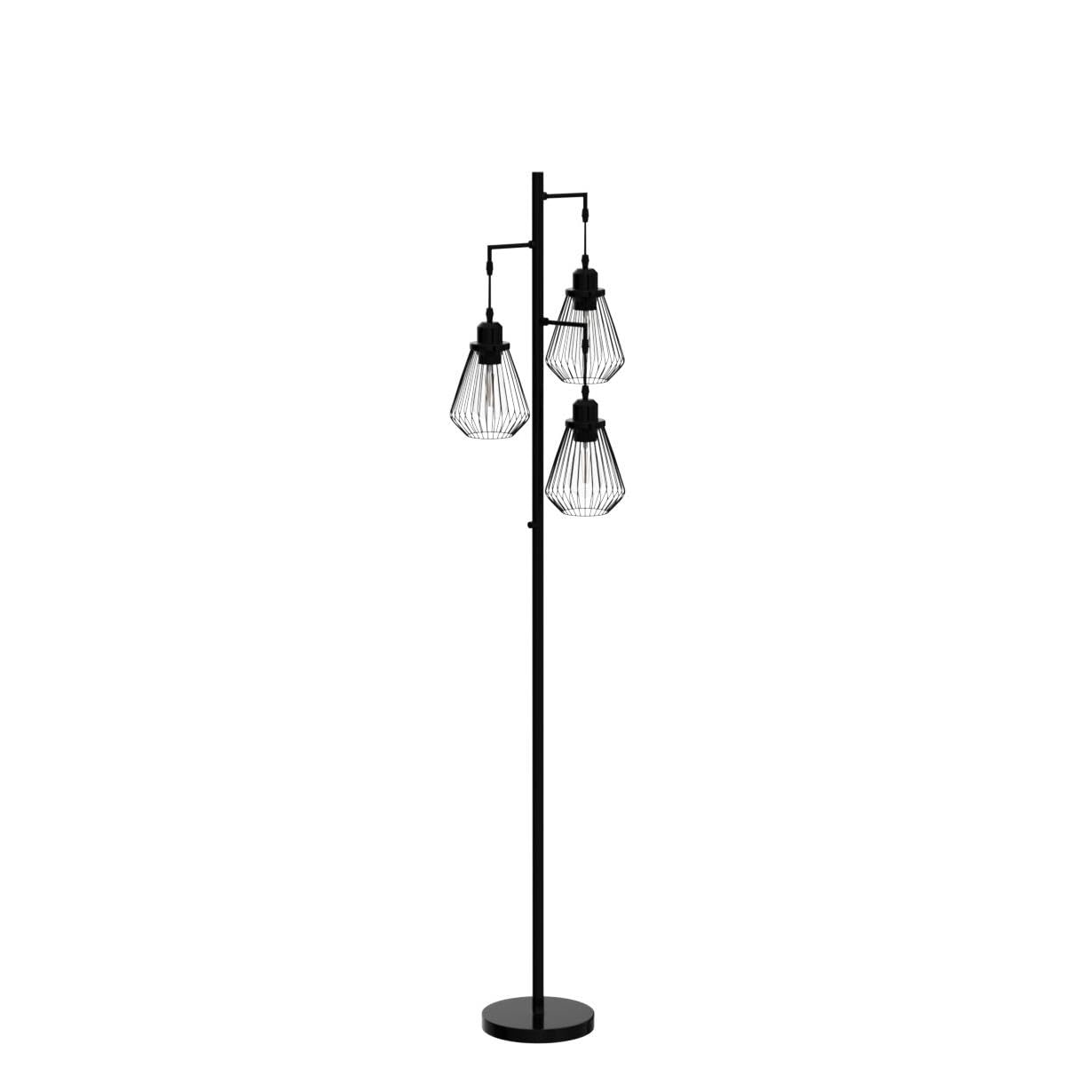 QiMH Industrial Floor Lamp, 68in Metal Standing Lamp, 3 Teardrop Cage Shades, Black