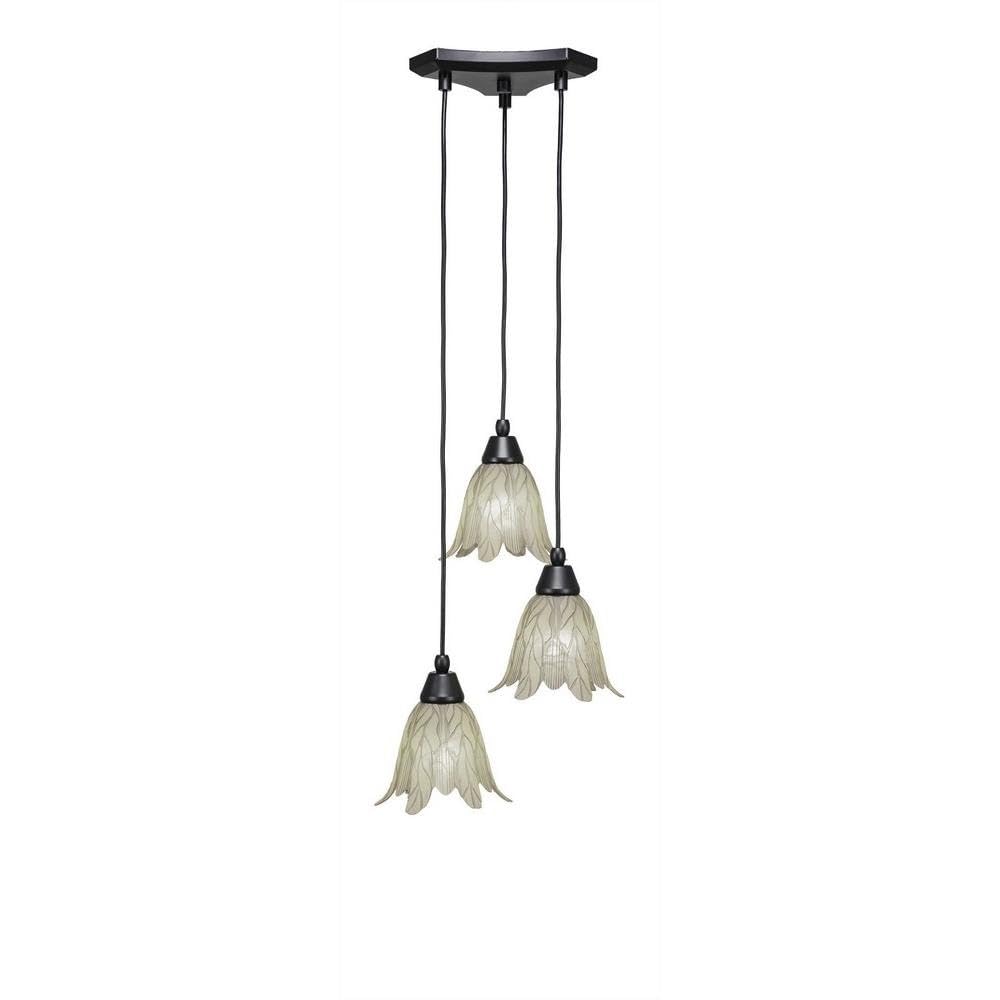 Toltec Lighting 28-Mb-1025 Europa 3 Light Multi-Light Mini Pendant With Vanilla Leaf Glass, 7&quot;, Matte Black
