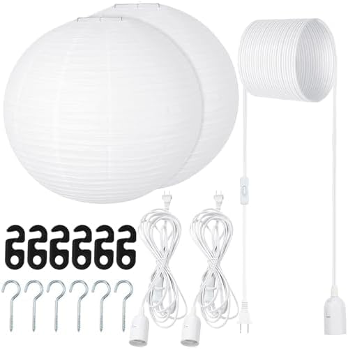 Rossesay 2 Sets Jumbo Round Paper Lanterns with Lamp Cord Cable White Hanging Paper Lanterns Chinese Japanese Pendant Hanging La