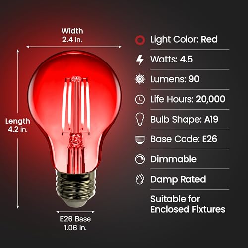 Feit Electric A19 Dimmable Red LED Light Bulb, 4.5W, Glass, 1 Count