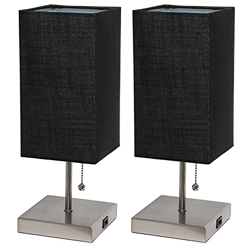 Simple Designs Lc2003-Blk-2Pk Small 2 Pack Usb Charging Bedside Lamp Set, Brushed Steel/Black