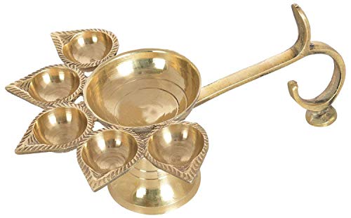 Radhika Poojan Bhandar Brass Panch Arti Diya for Puja with Curved Handle for Holding ( Gold )