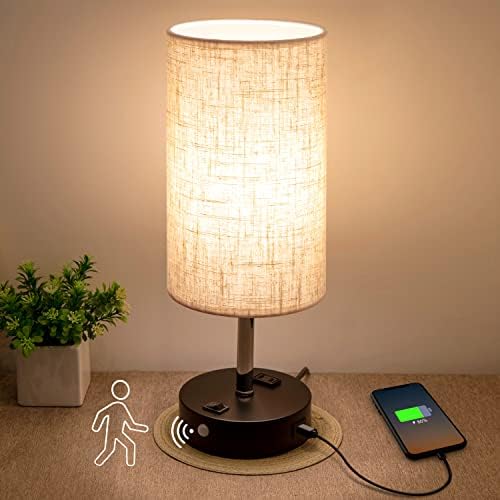 lifeholder Motion Sensor Lamp with USB Port & AC Outlet, Cream Fabric Shade, Model T39