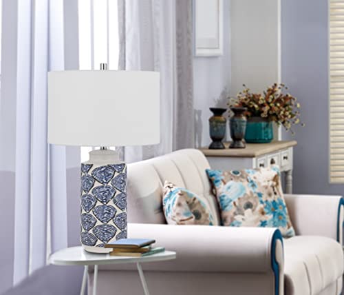 Cal Lighting Bo-3044Tb-2 Cambiago Ceramic Table Lamp With Blue Seashell Pattern And Linen Drum Shade