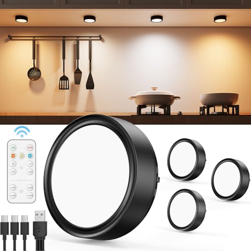 Usb Rechargeable Under Cabinet Lights With Remote, 1600Mah Battery Operated Puck Lights Wireless Led Push Lights Stick On Tap Light Magnetic Press Button Light For Closet Kitchen Counter Display Shelf