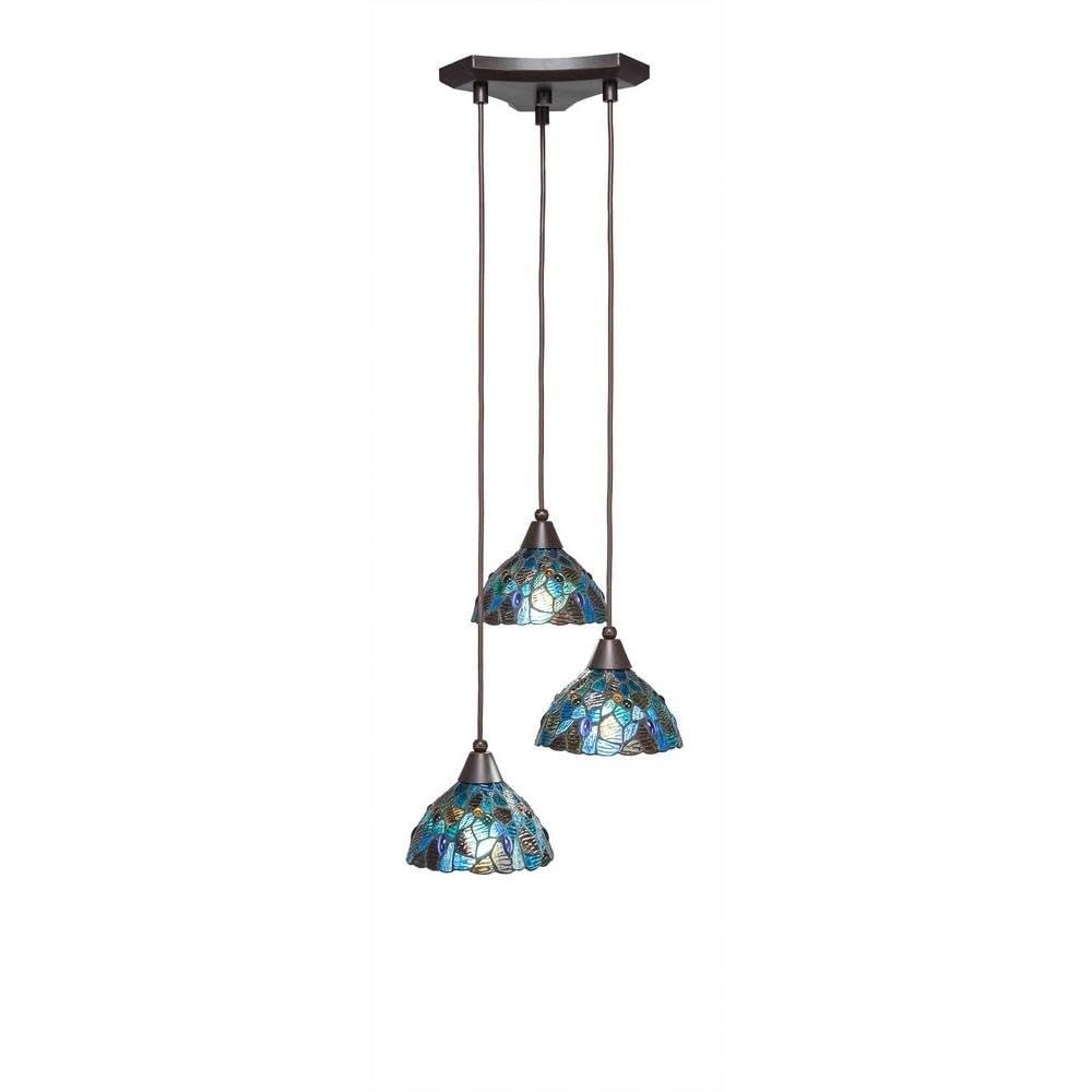 Toltec Lighting 28-Dg-9955 Europa 3 Light Multi-Light Mini Pendant With Blue Mosaic Glass, 7&quot;, Dark Granite