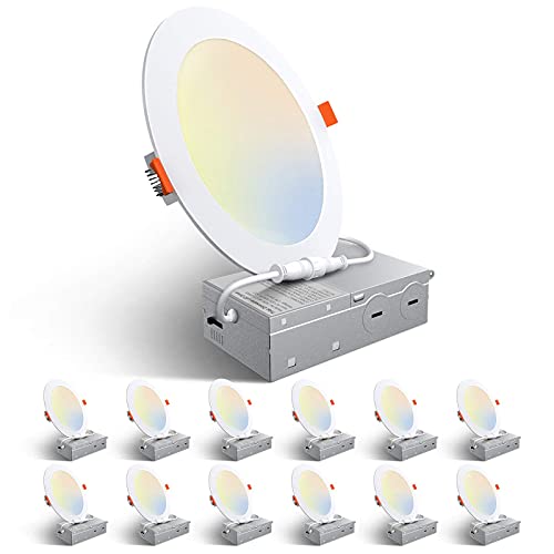 Amico 12 Pack 6 Inch 5Cct Ultra-Thin Led Recessed Ceiling Light With Junction Box, 2700K/3000K/3500K/4000K/5000K Selectable, 12W