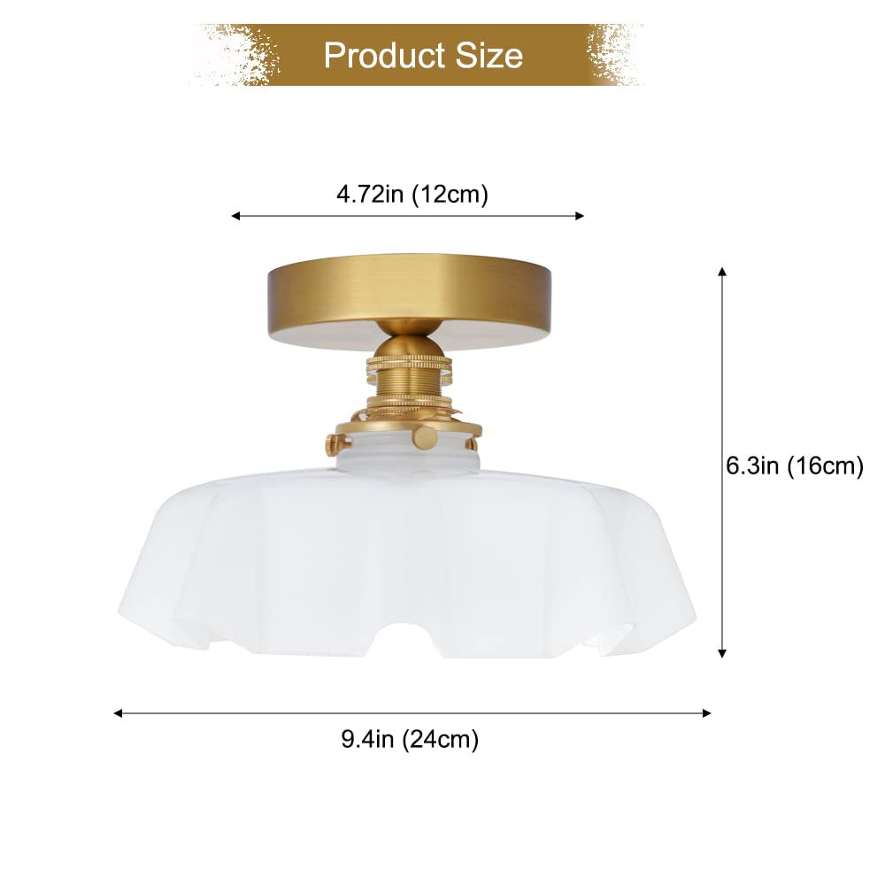 White Semi Flush Mount Ceiling Light, Brass Flush Mount Ceiling Light Vintage Flower Glass Light Fixtures, Farmhouse Overhead Li