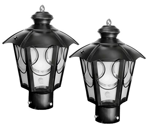 Lyse Decor Modern Design Stairs Shape Waterproof Gate Light, Pillar Lamp, Garden (Pair of 2 Pieces) (Black and Clear Glass)
