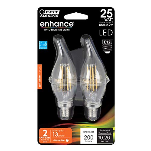 Feit Electric LED Candelabra Light Bulb, 25W EQ, 2700k Soft White, 2 Count, Model BPCFC25/927CA/FIL/2