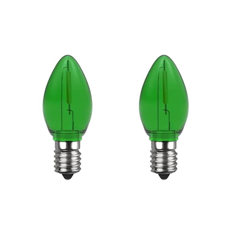 Venusop 2 Pack C7 Green Led Replacement Christmas Light Bulbs,E12 Candelabra Base, Shatterproof Plastic, For Christmas Outdoor S
