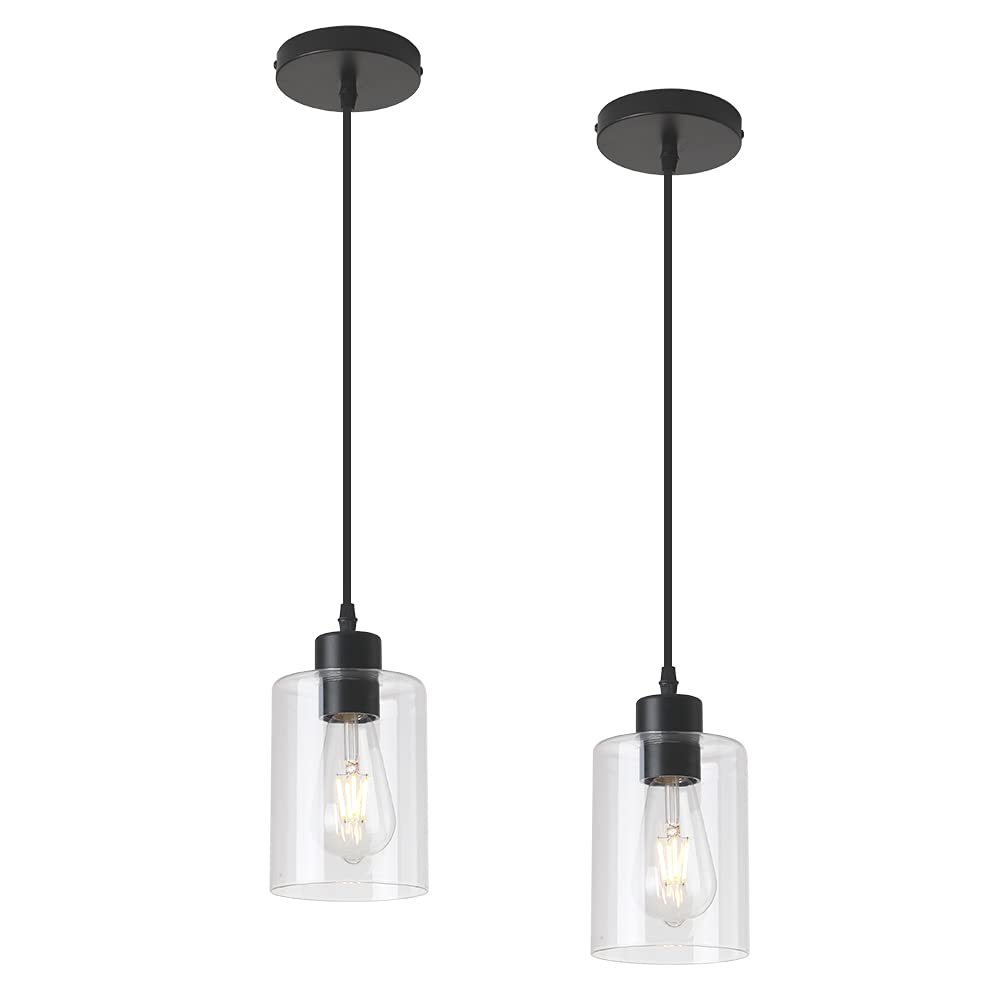 Klss Modern Black Farmhouse Clear Glass Cylinder Pendant Light Fixture,Island Lights For Kitchen,Mini Pendant Lighting For Kitchen Island Decor - 4.75 Inch Shade 58 Inch Cord (Black 2 Pack)