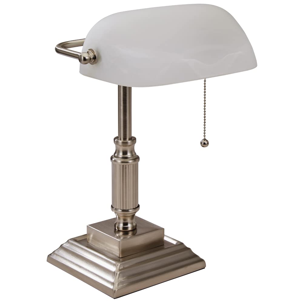 V- Light White Shade Led Desk Lamp, Vintage Lamp, Study Lamp, Or Reading Light, Brushed Nickel Finish 6.5 X 6.5 X 14.8