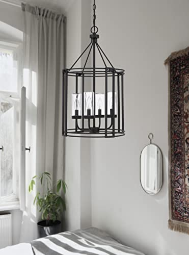 Cal Lighting Luton Cage Metal Chandelier, FX-3777-4, Iron, Glass Shades, 15.75inW x 26.13inH