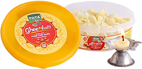 TOTA Pure Cow Ghee Diya Cotton Wicks for Puja -50 Ghee Batti | Wax Free Desi Ghee Diya Wicks  Pack of 1