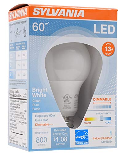 LEDVANCE SYLVANIA A19 LED Light Bulb, 9W Dimmable, 800 Lumens, 3500K Bright White, 1 Pack (Model 71185)