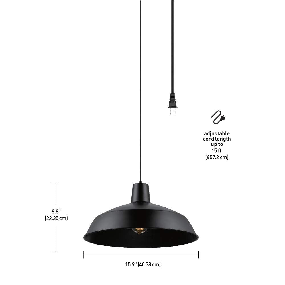 Globe Electric 65151 1-Light Pendant Light Fixture, Metal, Matte Black, 15ft Cord, In-Line Switch