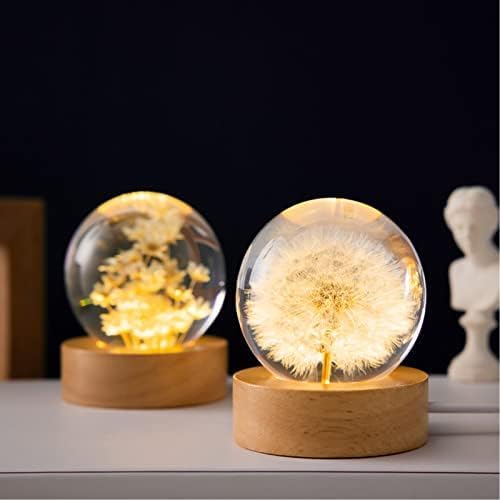 MARZIUS Flower Crystal Ball Night Light, 2.4 inch Glass Lamp with Wooden Base, Red Daisy, Model CB320