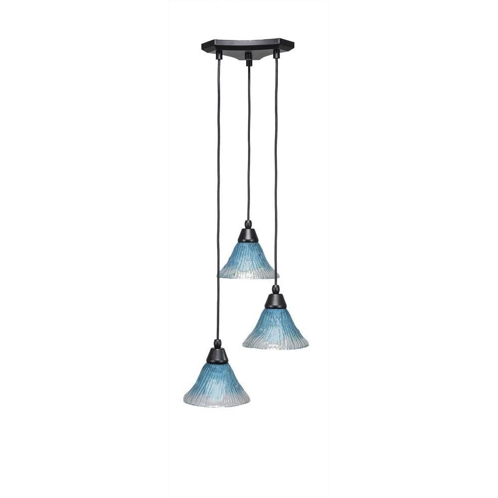 Toltec Lighting 28-Mb-458 Europa 3 Light Multi-Light Mini Pendant With Teal Crystal Glass, 7&quot;, Matte Black