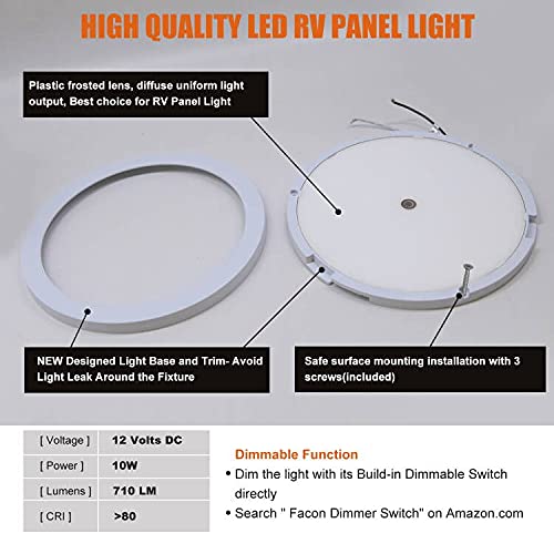 Facon 8-Inch LED RV Panel Light, Dimmable, Touch Switch, Plastic, White