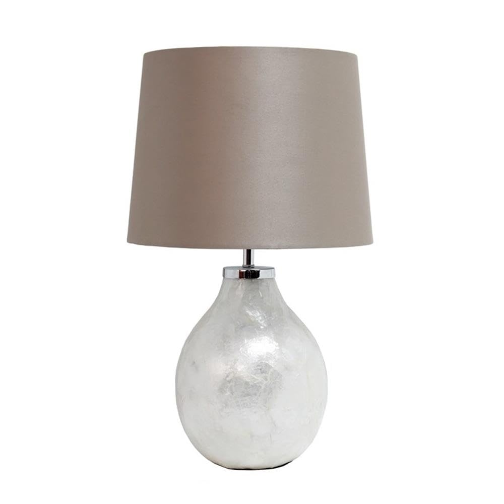 Simple Designs Lt3304-Prl 1 Light White Cream Iridescent Pearl Table Lamp With Light Brown Mocha Tan Fabric Shade