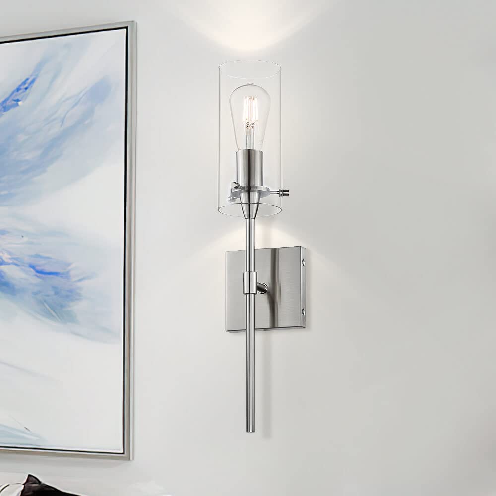 Xinbei Lighting Modern Brushed Nickel Wall Sconces Set Of 2, Clear Glass Iron Indoor Vanity Lighting For Bathroom & Hallway