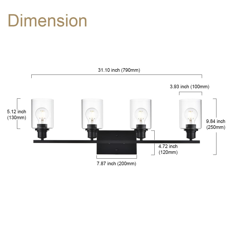 Vinluz 4-Lights Black Bathroom Vanity Light Fixtures With Clear Cylinder Glass Shade Industrial Metal Wall Mounted Lighting Over Mirror