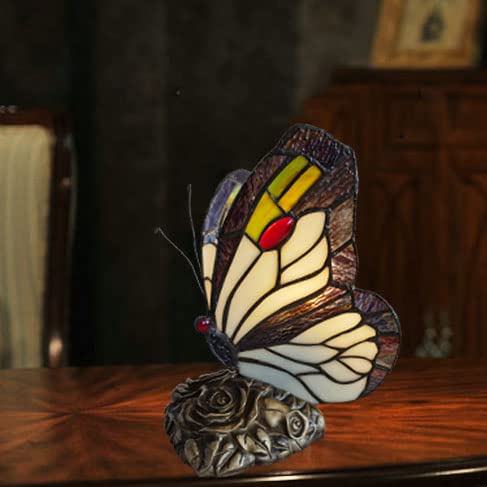 FUMAT Tiffany Bedside Table Lamp - LED Stained Glass Shade, Black & White Butterfly Design, Nightstand Light for Home Office, Gift Box Included