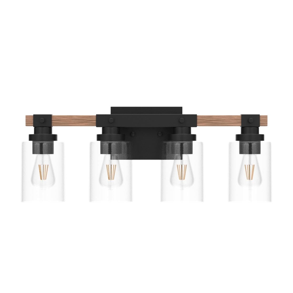 Amico 4-Light Rustic Bathroom Vanity Light Fixture, Black Industrial Wood Sconces with Bubble Glass Shade