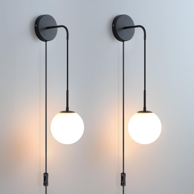 KUZZULL Wall Sconces Set of Two Plug in Wall Sconces Matte Black Wall Lamp with Plug in Cord and Switch Hanging Indoor Wall Moun