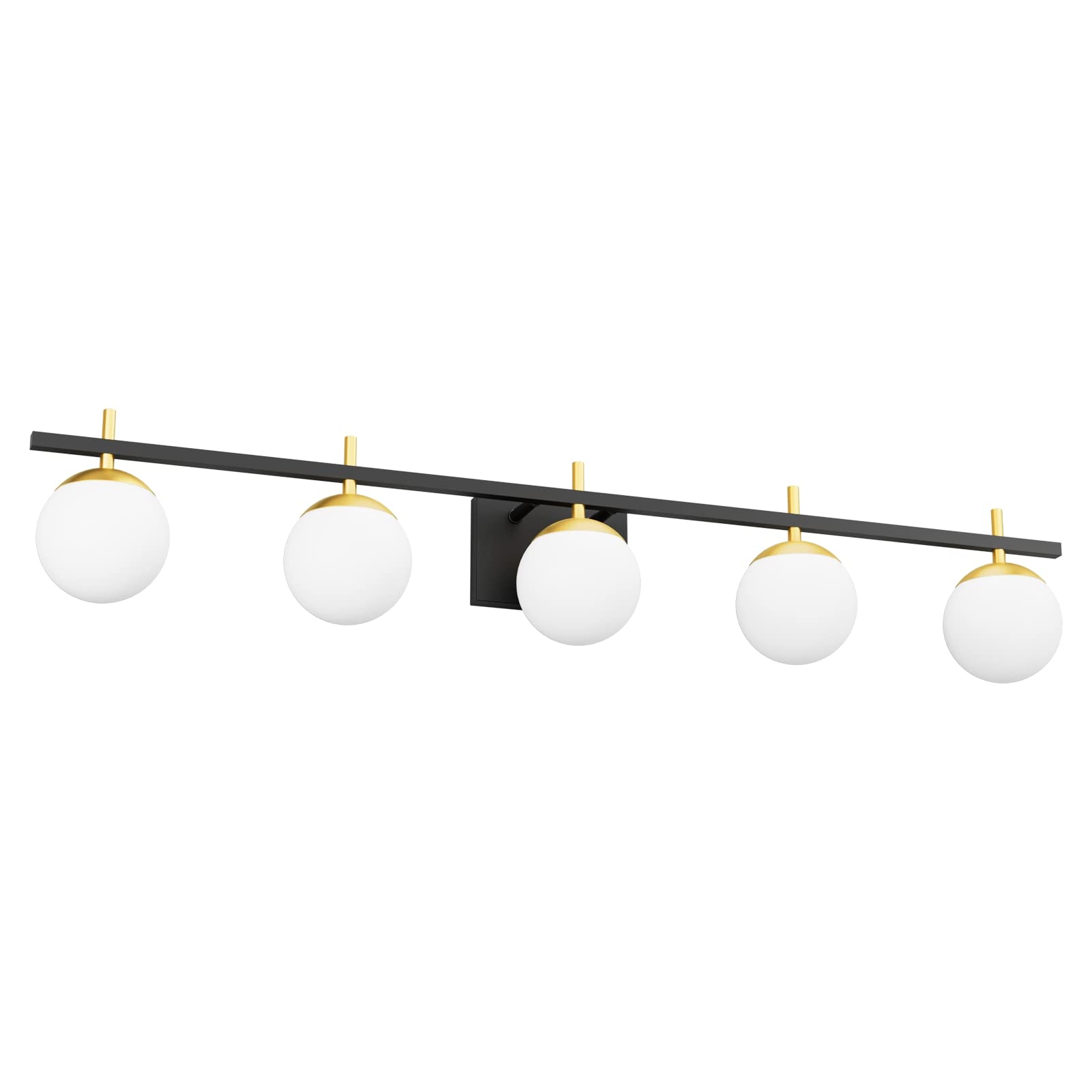 Ralbay Mid Century Modern Vanity Light Fixture 5 Light Milky Glass Globe Modern Bathroom Light Fixture Over Mirror, Black/Golden