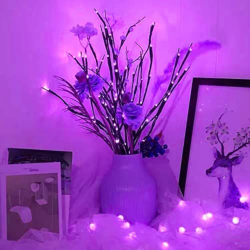 Dk177 2 Pack Led Branch Light Battery Operated Lighted Branch Vase Filler Willow Tree Artificial Little Twig Power Brown 30 Inch 20 Led For Home Outdoor Indoor Romantic Decoration, Purple Light