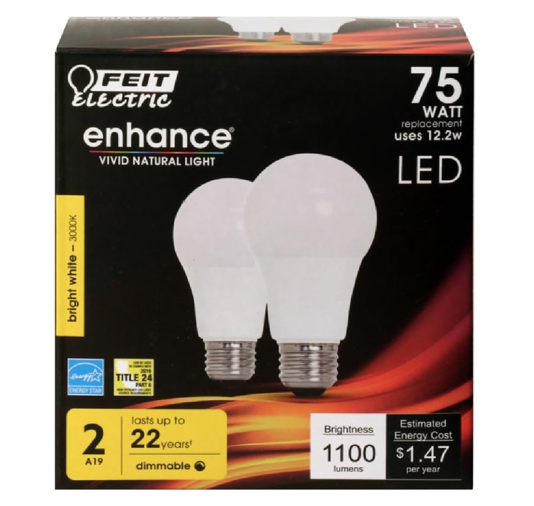 Feit Electric 75W A19 LED Bulb, 3000K, Plastic, Model OM75DM/930CA/2, One Size