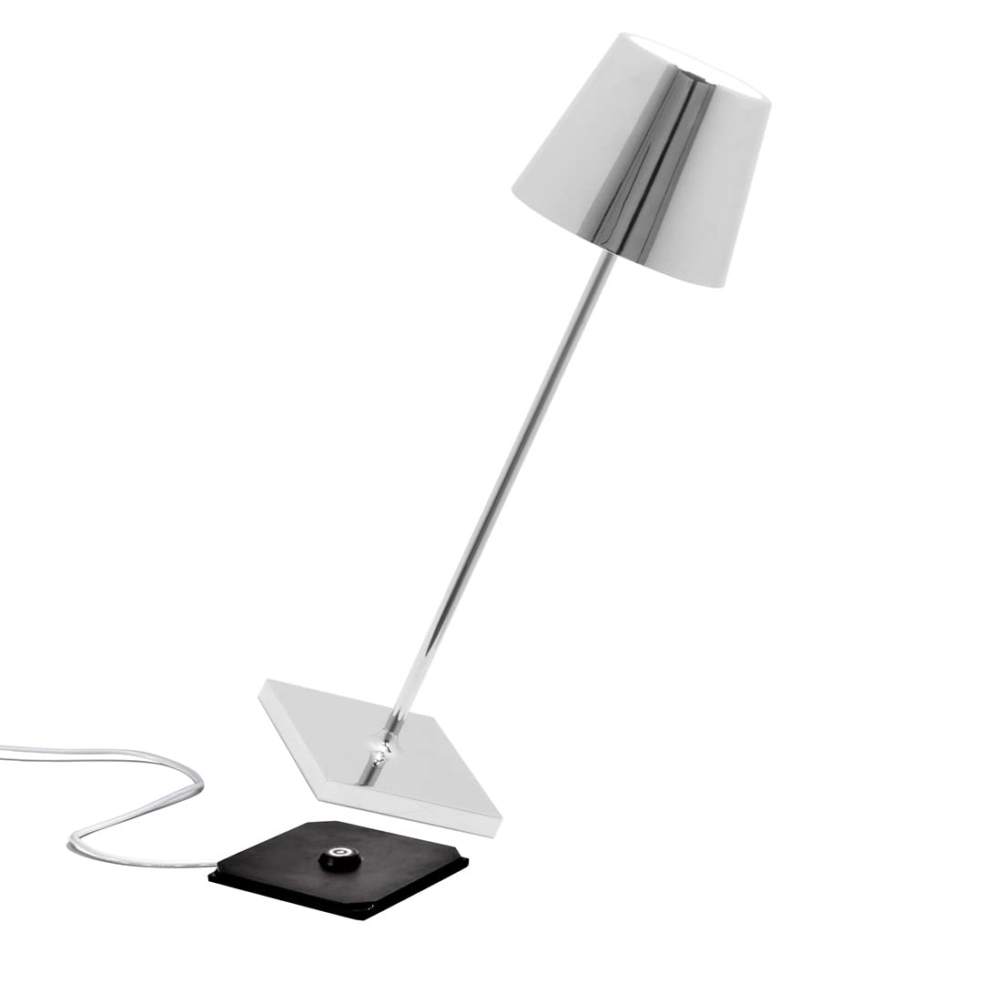 Zafferano Poldina Pro Lamp, Rechargeable Cordless Table Lamp, Touch Controls, 14.9in Height, Glossy Chrome Finish, Model LD0340C4