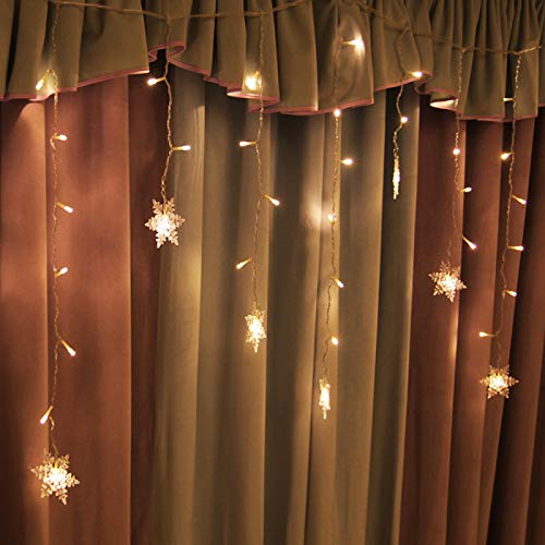 Lainin 96LED Snowflake Curtain Light, USB Powered, 12ft/3.5M, Warm White, Copper Material, Ideal for Christmas and Weddings