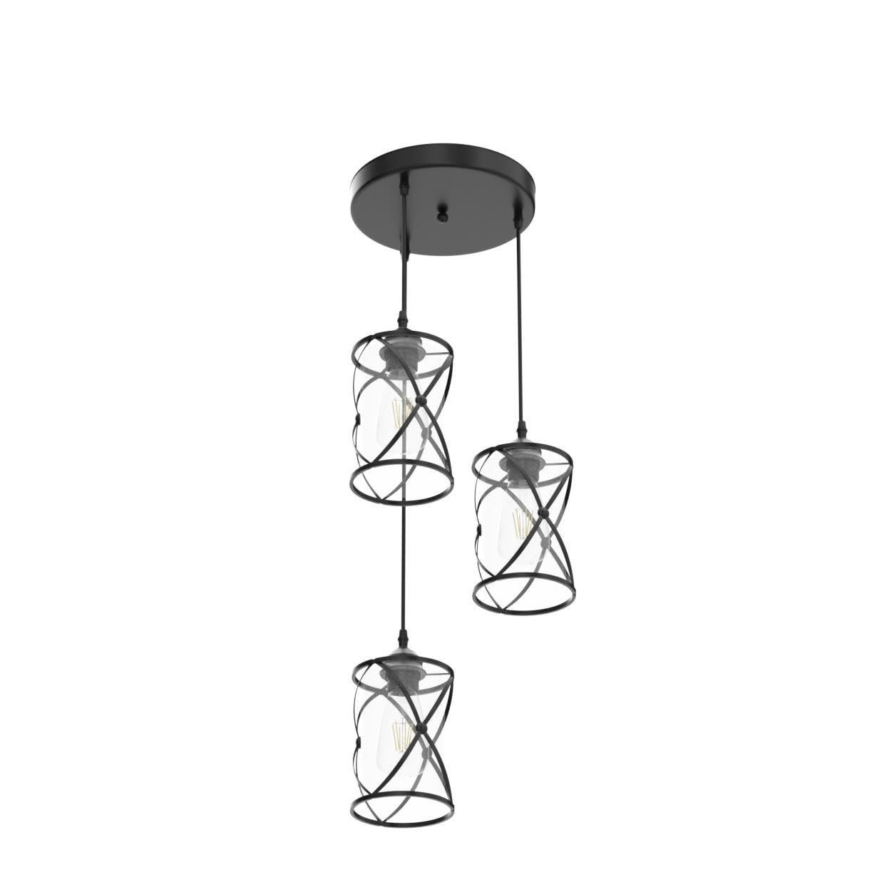 Dumaiway 3-Light Metal Cage Pendant Light, Black Glass Shade For Kitchen, Dining, Farmhouse