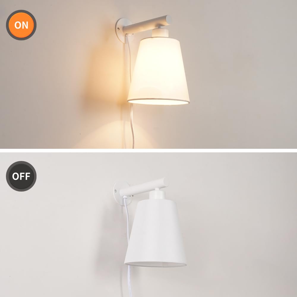 Oiyio White Plug In Wall Sconces Set Of Two, White Wall Sconce With Cord, Bedside Wall Lamps Plug In Set Of 2 With Fabric Linen Shade, Plug In Wall Decor Bedroom Sconces For Living Room Hallway Porch