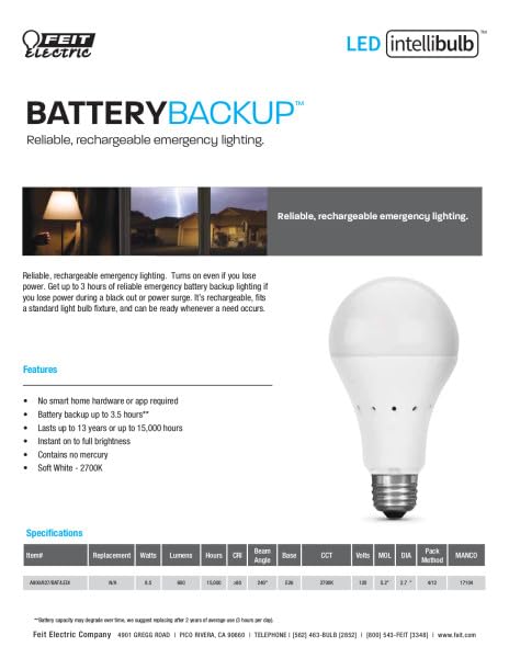 Feit Electric IntelliBulb LED Bulb, Soft White 40W Equivalent, Battery Backup, 1 Count, Model A800/827/BAT/LEDI