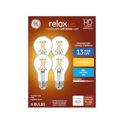 GE Relax LED A19 Soft White Light Bulb, 60W Equivalent, Dimmable, Clear, 4 Count